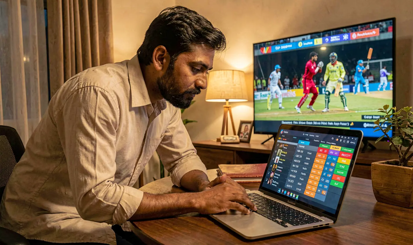 Professional Bangladeshi bettor analyzing live cricket betting markets on a laptop with match highlights on TV while using 53OK