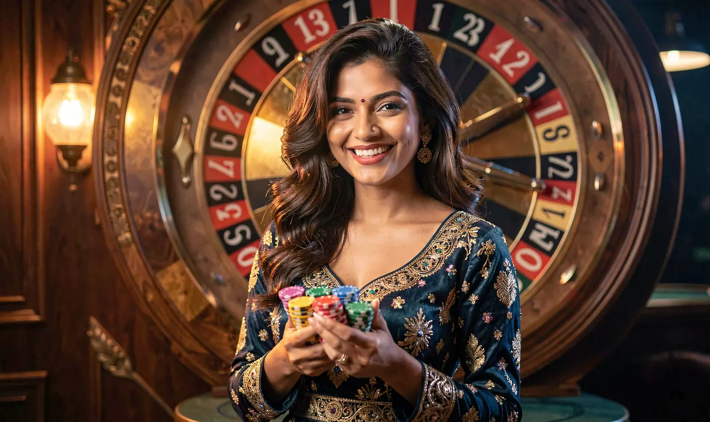 Smiling casino player holding red and black chips with a glowing roulette wheel behind her showcasing the exciting casino atmosphere of 53OK in Bangladesh