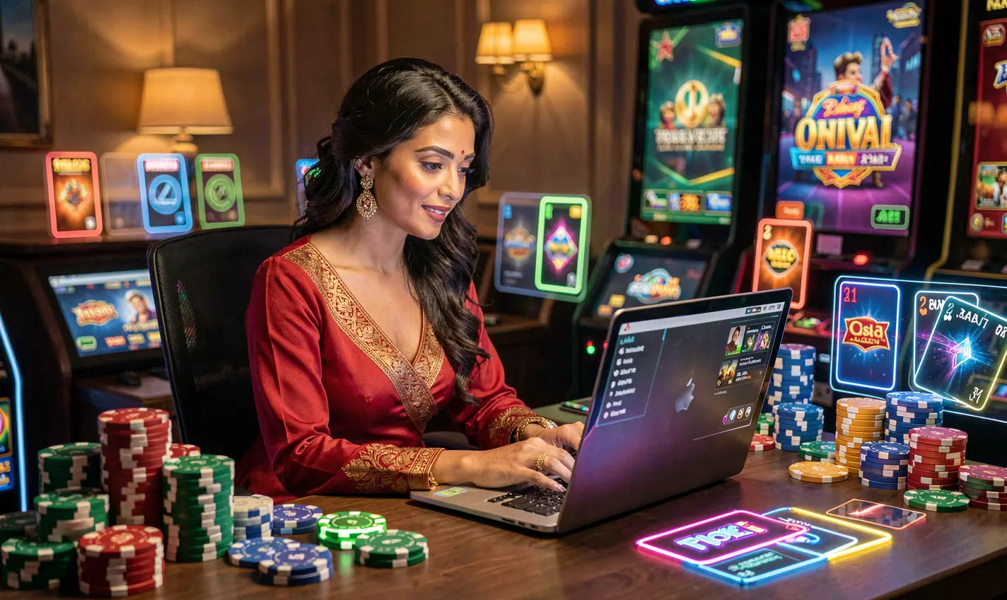 Stylish female player enjoying live casino games on a laptop with floating poker chips and glowing cards at 53OK online casino in Bangladesh